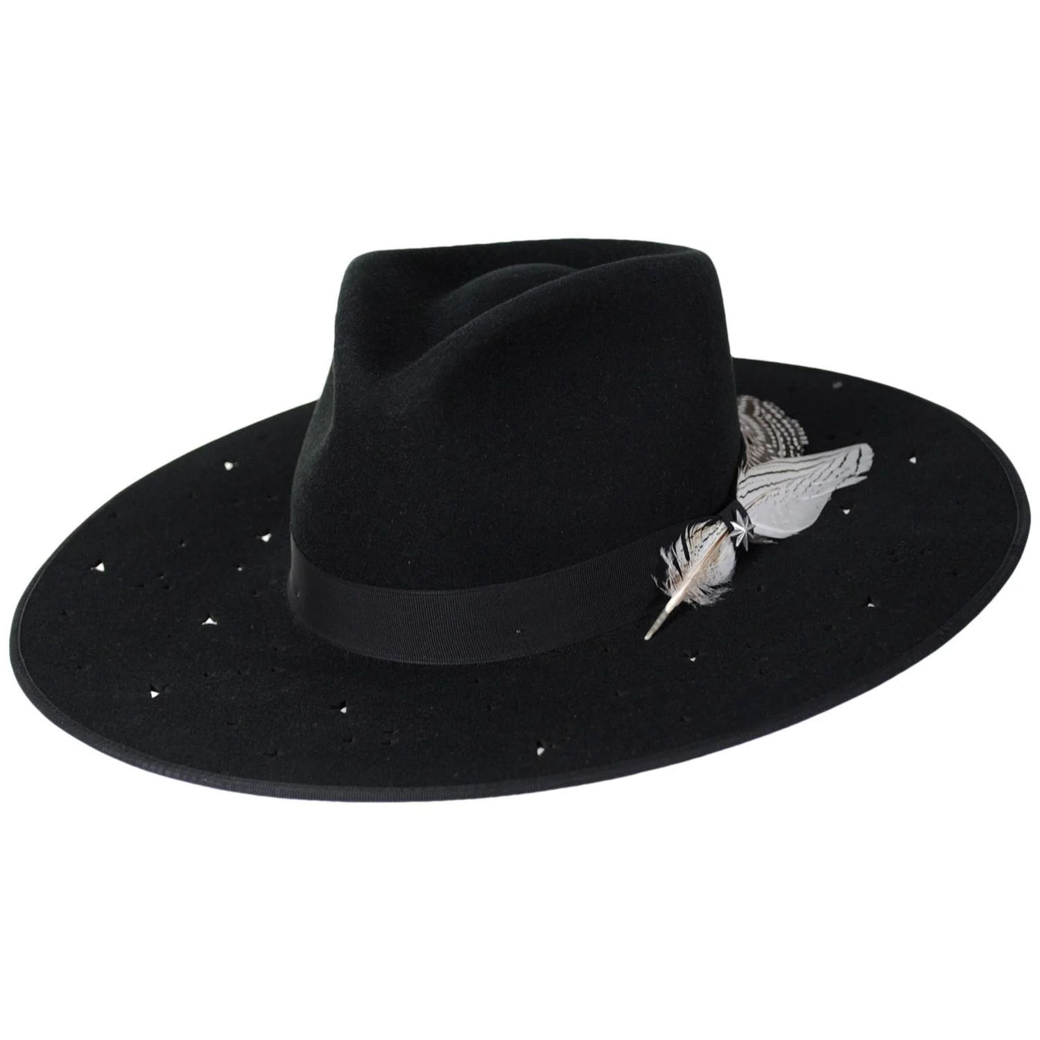 Night Sky S Wide Brim Wool Felt Fedora Hat - Black